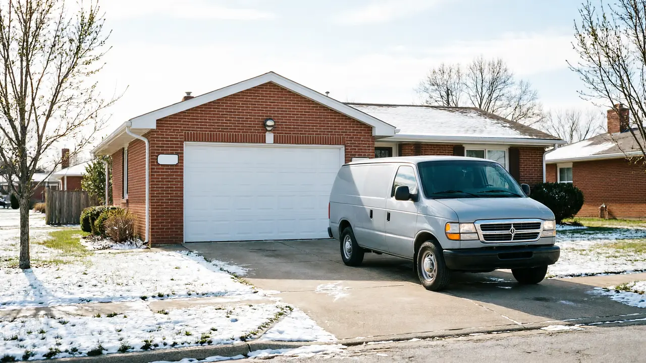 A gray van is parked in a driveway in front of a brick house with a white garage door.