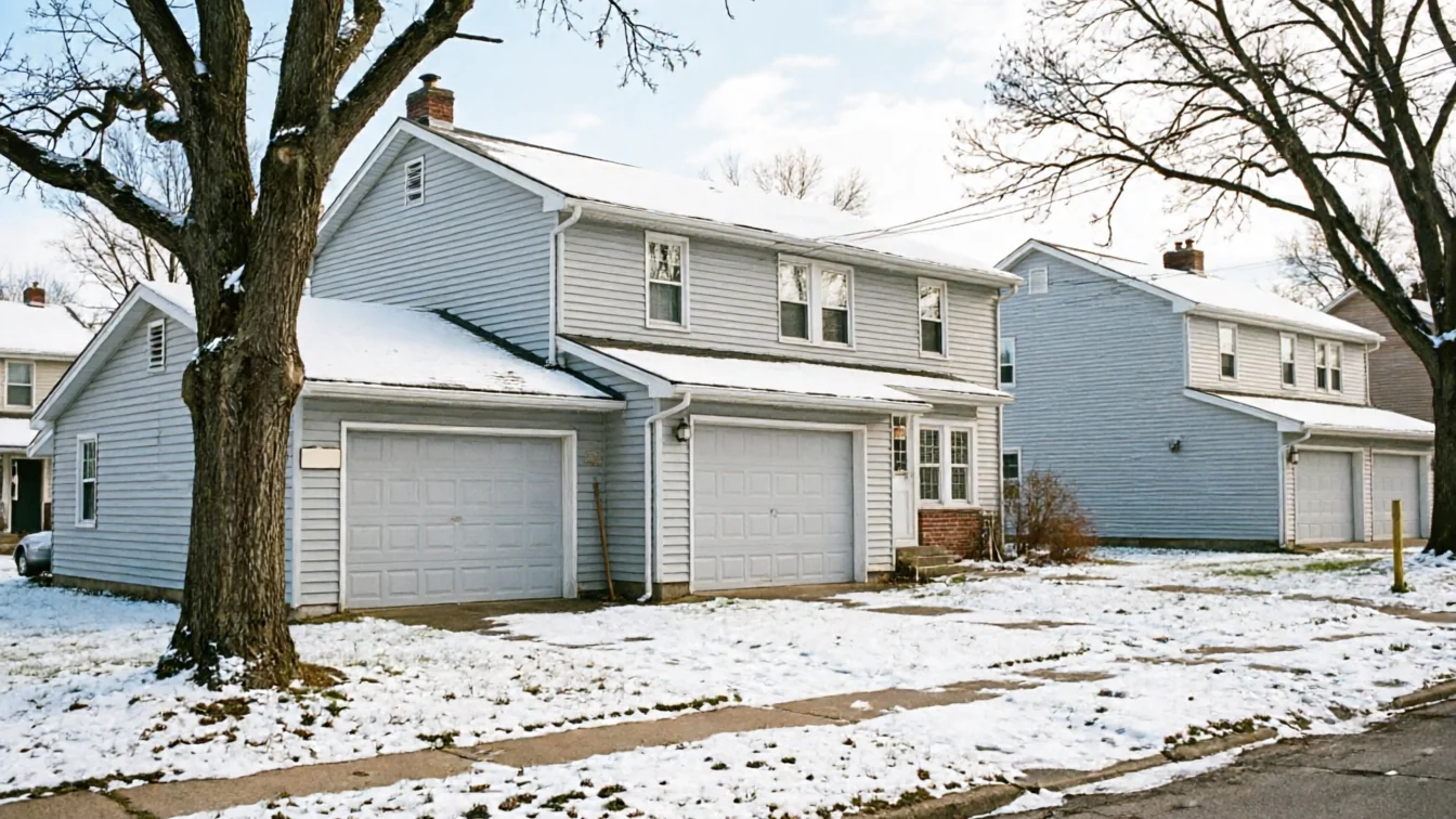 Two houses with light gray garage doors and snow on the ground.