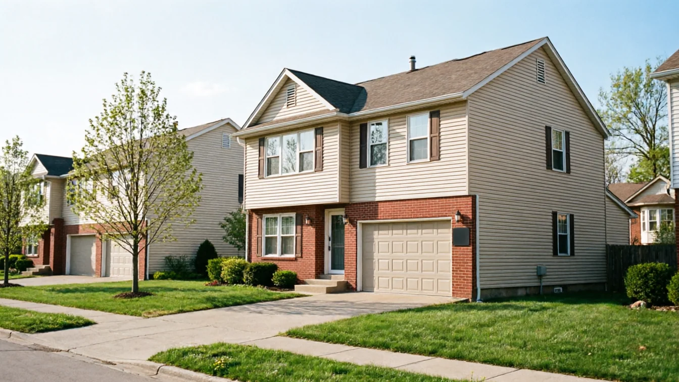 A two-story house with tan siding and a tan garage door sits on a sunny street.