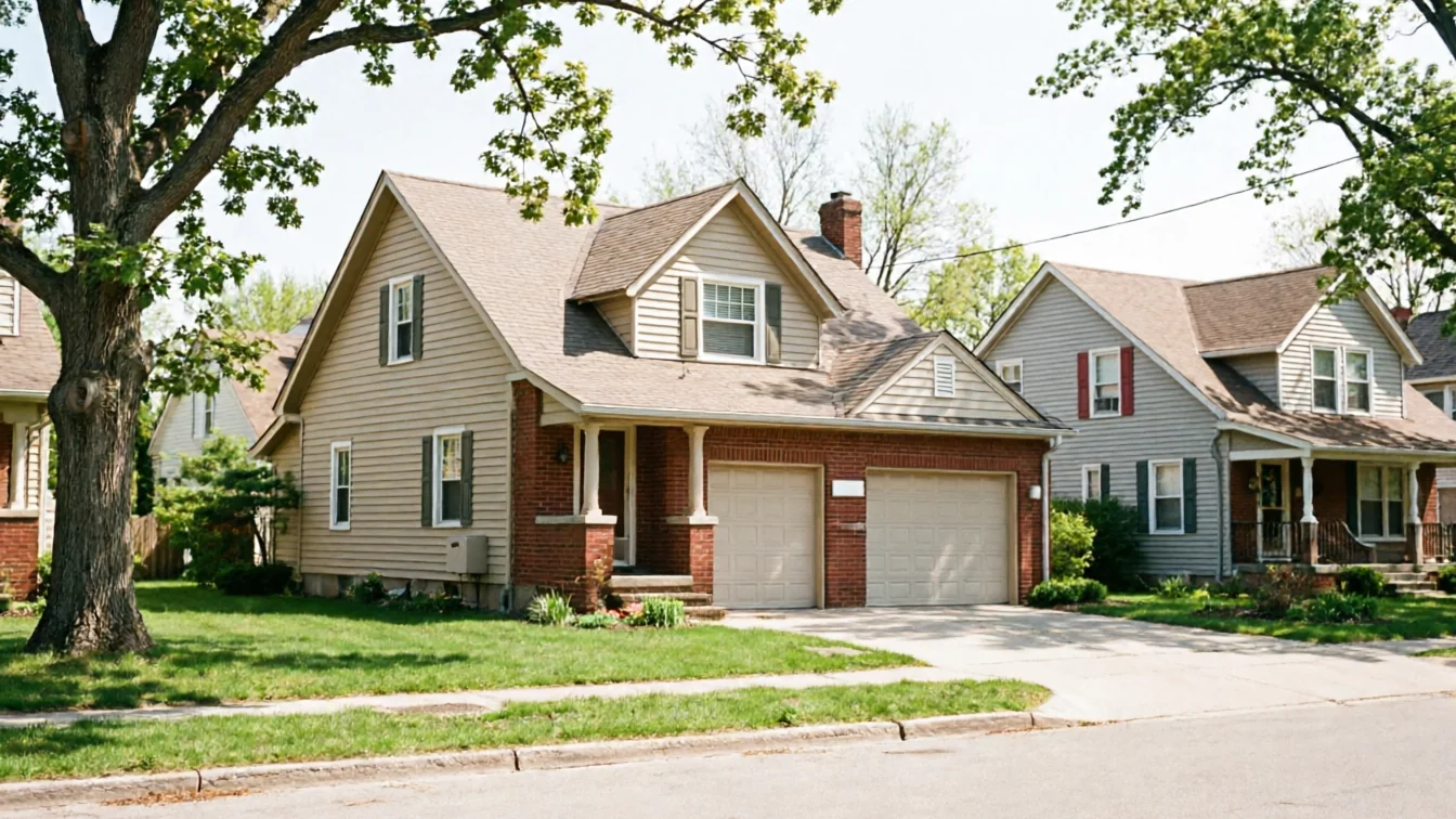 A two-story house with two garage doors and a brick foundation.