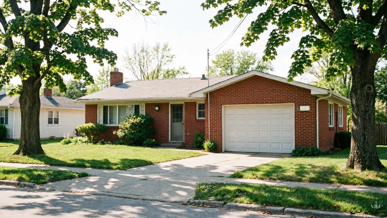 A red brick house with a white garage door and a driveway.