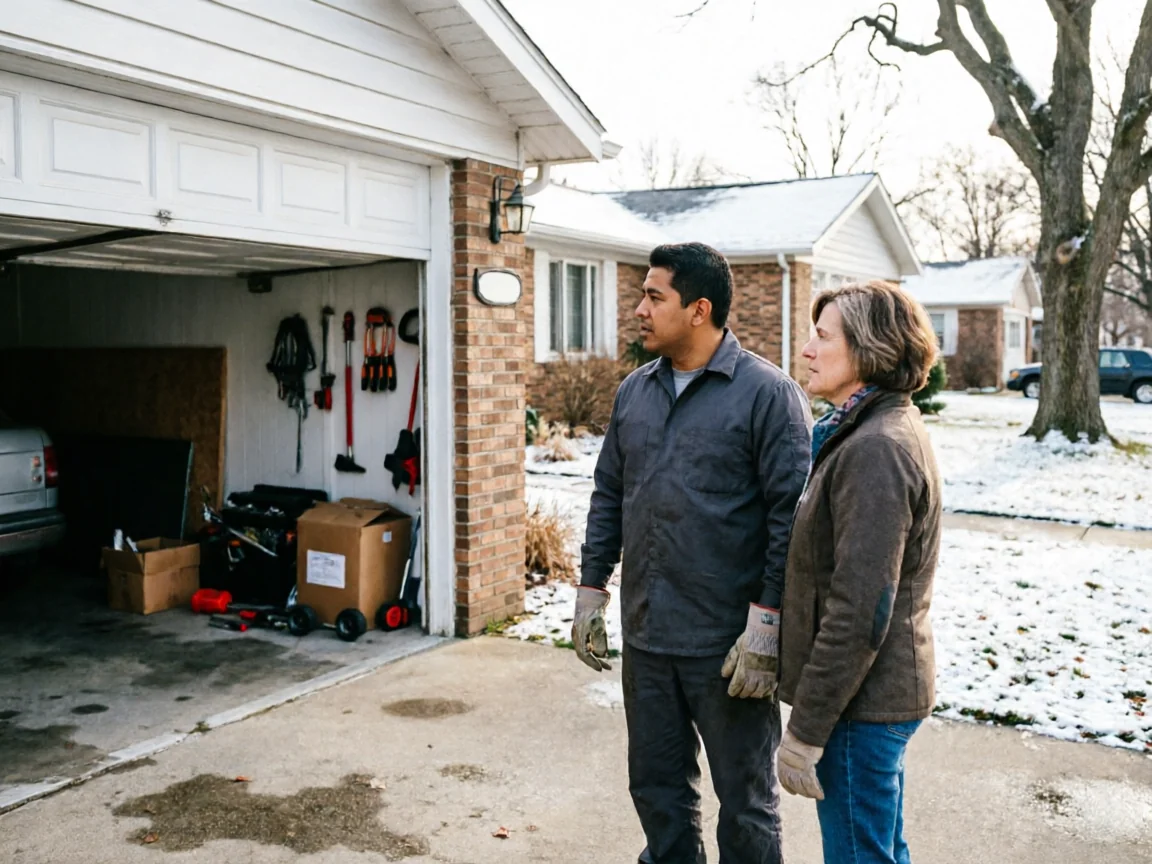 A technician and a woman stand in a driveway looking at an open garage.