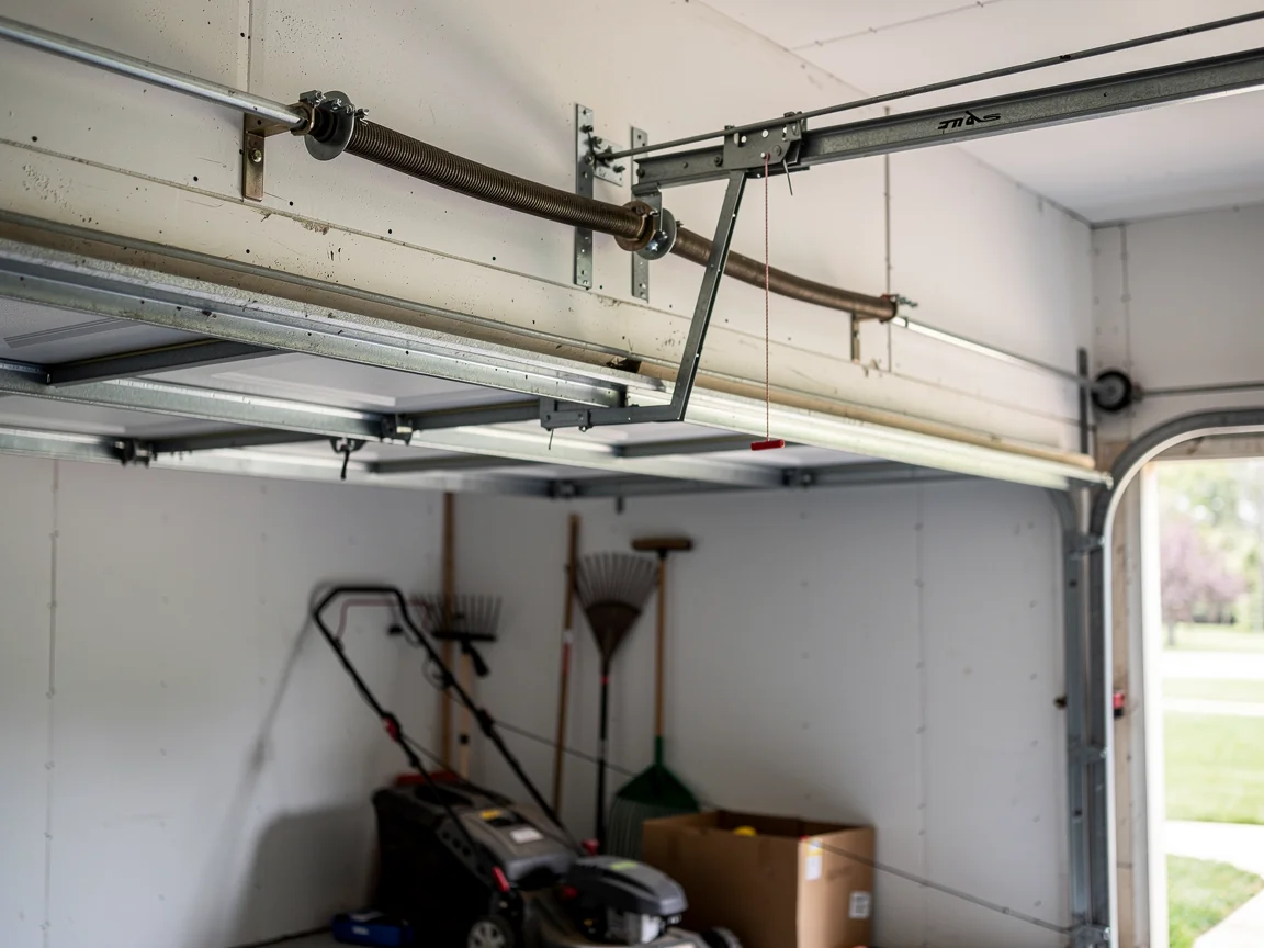 A garage door torsion spring is mounted above an open garage door.