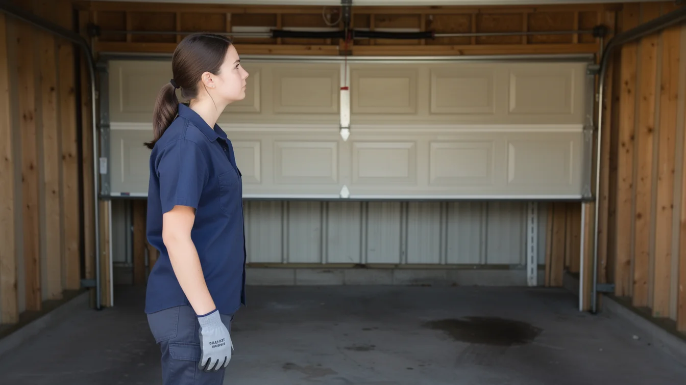A technician stands in a garage looking at a partially open garage door.