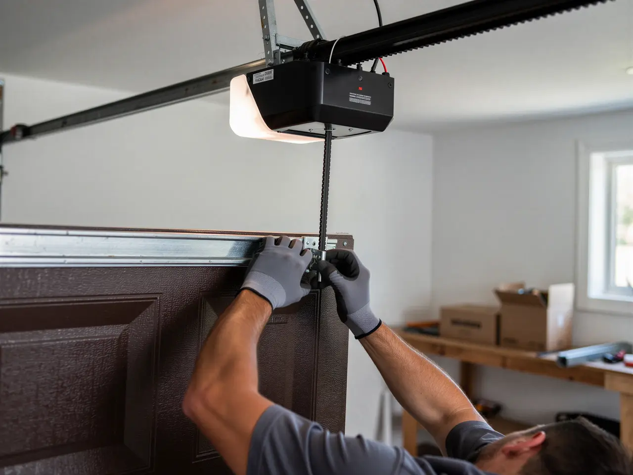 A technician in gloves works on a brown garage door under an opener.