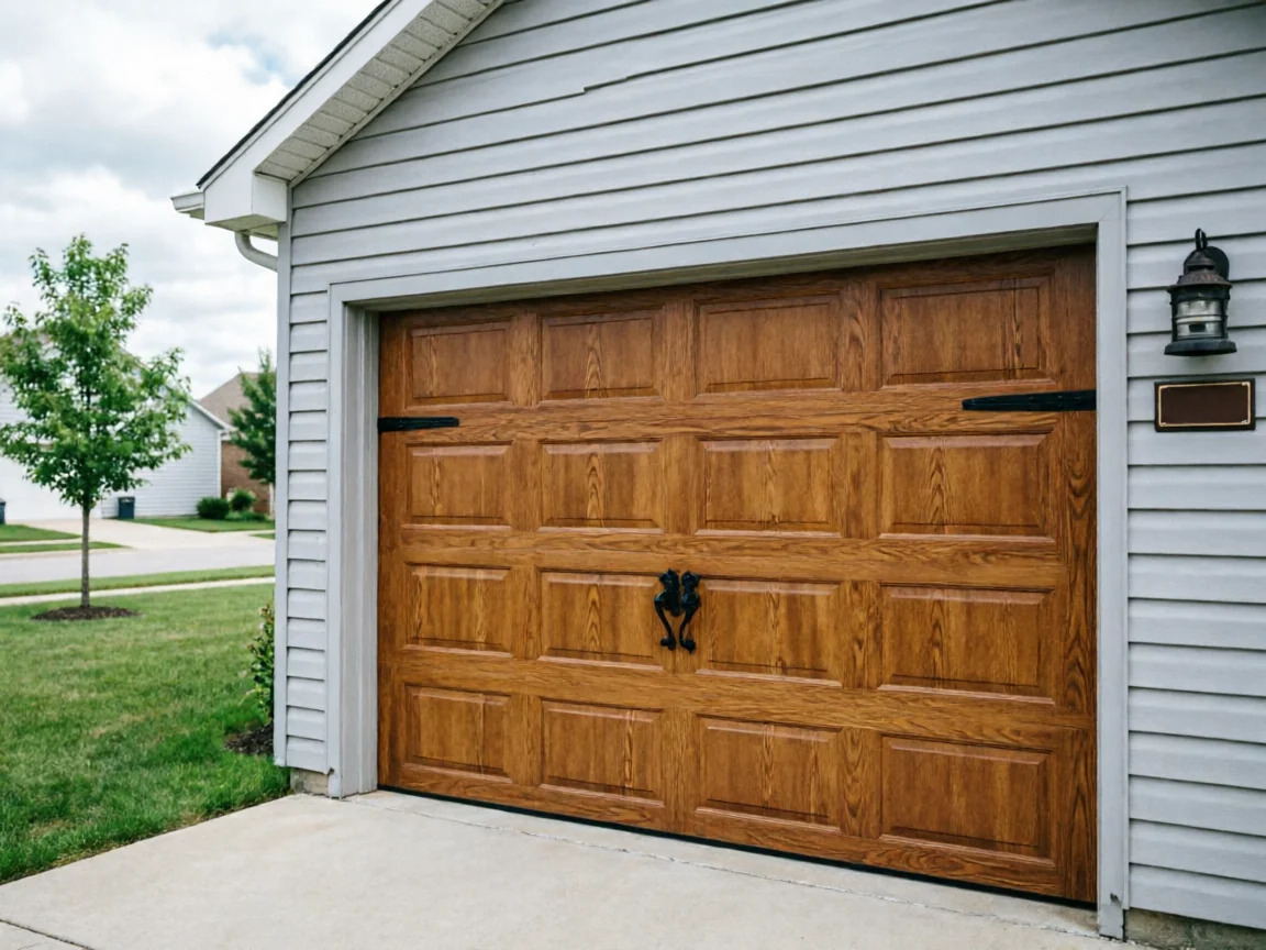 A brown wooden garage door with decorative hardware on a gray house.